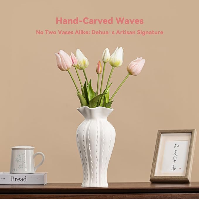 Sculptural Lily Vase - White Matte Ceramic with Ruffled Rim & Wave Texture, 10.2" Unique Flower Vase for Pampas Grass/Centerpieces, Decorative Vase for Living Room/Office, Ideal Gift for Art Lovers