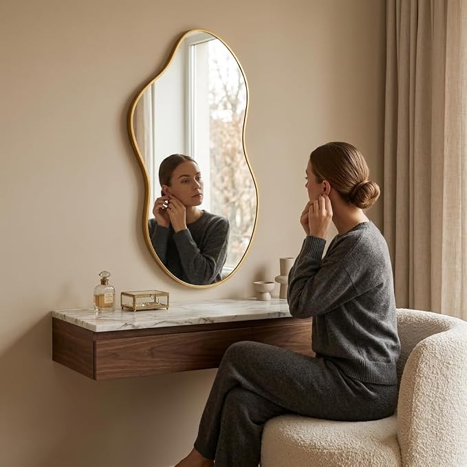Irregular Wall Mirror 20×36 Inch Wall Mirrors Decorative Gold Modern Asymmetrical Abstract Mirror for Bathroom Bedroom Living Room Entryway Hallway