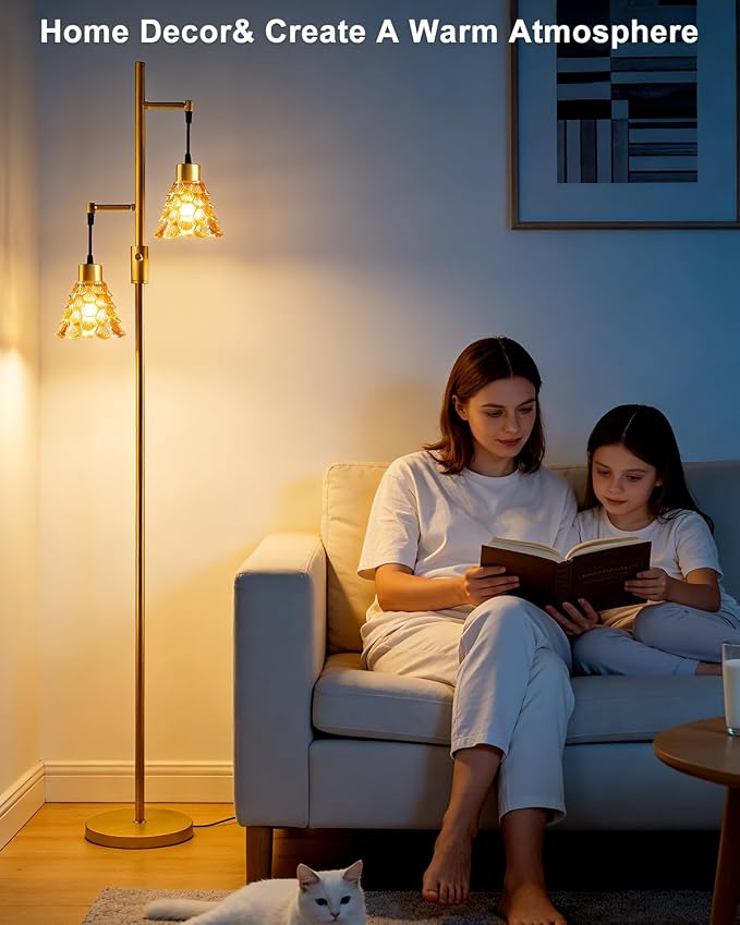 Lightdot 65IN Glass Floor Lamp for Living Room, 2- Light Gold Floor Lamps with Amber Glass Shade& Warm White Bulbs, Modern Standing Tall Lamp with 5Lbs Heavy Base for Bedroom/Corner Beside/Home Decor