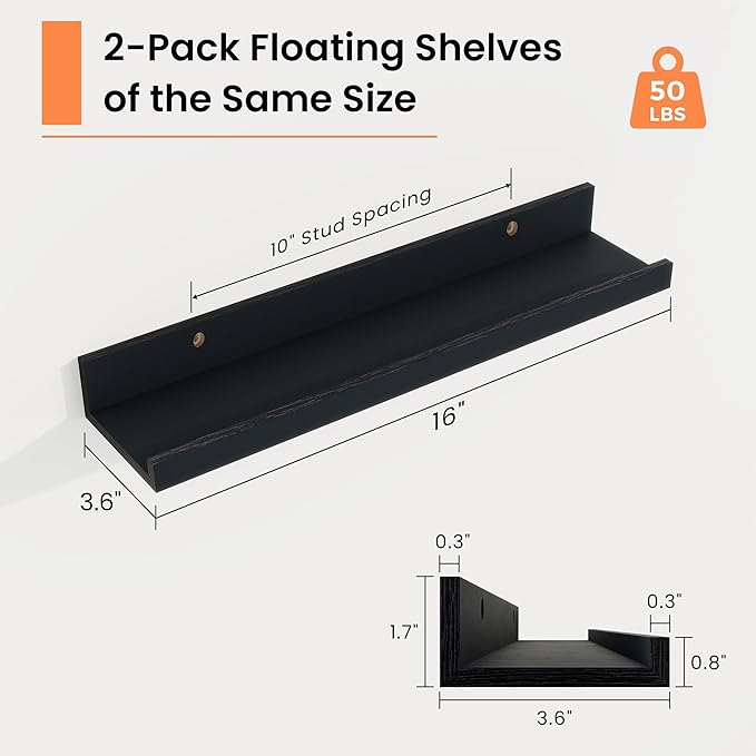 RICHFOCUS Picture Ledge Shelf, 16 inch Floating Shelves Set of 2, Wood Wall Shelves with Lip, Wall Decor Storage for Bedroom Living Room Bathroom Kitchen Nursery Photo Picture, Black