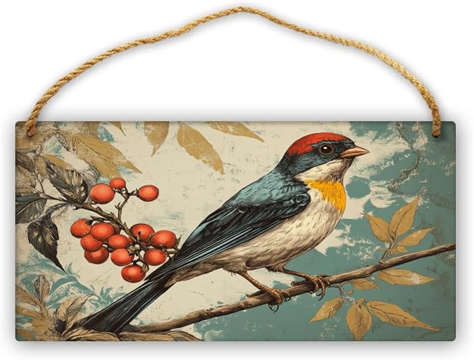 Vintage Bird Themed Wood Plaque Wooden Wall Decor 12x6 Inch Farmhouse Home Decor Entryway Kitchen Bedroom Nursery Art for Nature Lovers Rustic Hanging Decors