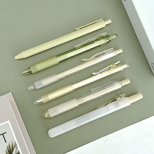 Allydrew Retractable Rollerball Pens & Highlighter Set - 0.5mm Black Gel Ink, Green (Set of 6)