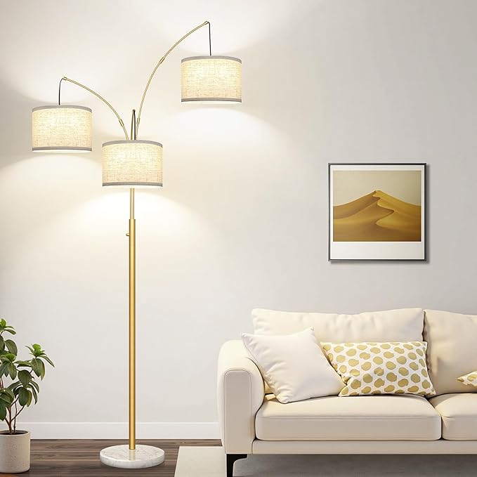 Dimmable 3 Lights Arc Floor Lamp, Modern Tall Standing Tree Lamp with Gold Pole, White Linen Shades & Solid Marble Base, 3000LM Warm White LED Bulbs, Elegant Lighting for Living Room, Bedroom & Office