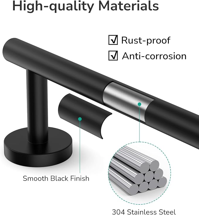 USHOWER Matte Black Towel Bar, 22-Inch Towel Rack for Bathroom Wall Mounted, Thicken SUS304 Stainless Steel Towel Rod Modern Home Decor (Total Length 24-Inch)