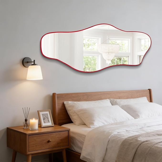 Large Irregular Wall Mirror, 60"x24" Red Asymmetrical Tempered Glass Mirror, Frameless Organic Shaped Mirrors for Entryway Hallway Bedroom Living Room, Horizontal or Vertical Hanging