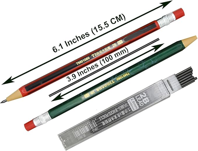 Maydahui 12 PCS Mechanical Pencil with Sharpener Novelty Non Sharpening Automatic Pencil with 12 PCS 2B Lead Refills 2.0 mm Classic Red Green Pole Plastic Simulation Timber for School Writing Drawing
