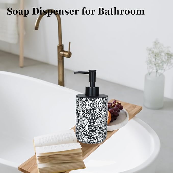 2pcs Hand Soap Dispenser Set, Boho Carving Resin Liquid Soap Dispensers for Bathroom Countertop, Heavy & Sturdy Dish Wash Soap Dispenser for Kitchen, Black