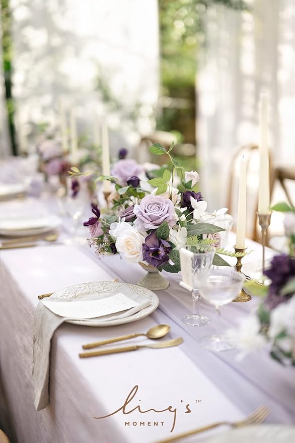 Ling's moment Lilac & Gold Artificial Flowers with Vase Wedding Decor Centerpiece Flower Potted for Ceremony Reception Tabletop Desk Flowers Mantel Archway Aisle, Light Purple Fake Flowers Set of 2