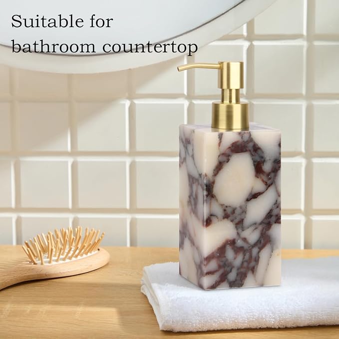 Natural Marble Soap Dispenser for Bathroom and Kitchen Countertop - 5.41 Ounces Hand Lotion and Liquid Stone Shampoo Laundry Bottle with Pump (1, Calacatta Viola, Rectangular Bottle)