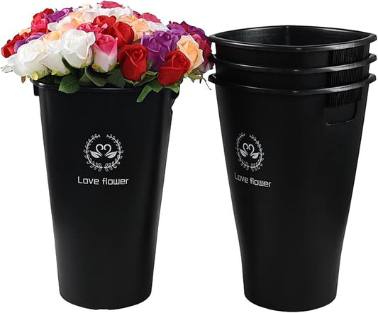 4 Pcs 16 Inch Tall Flower Buckets, Plastic Vases Farmhouse Flower French Bucket with Handle, Floral Container Planter Pails (Black)