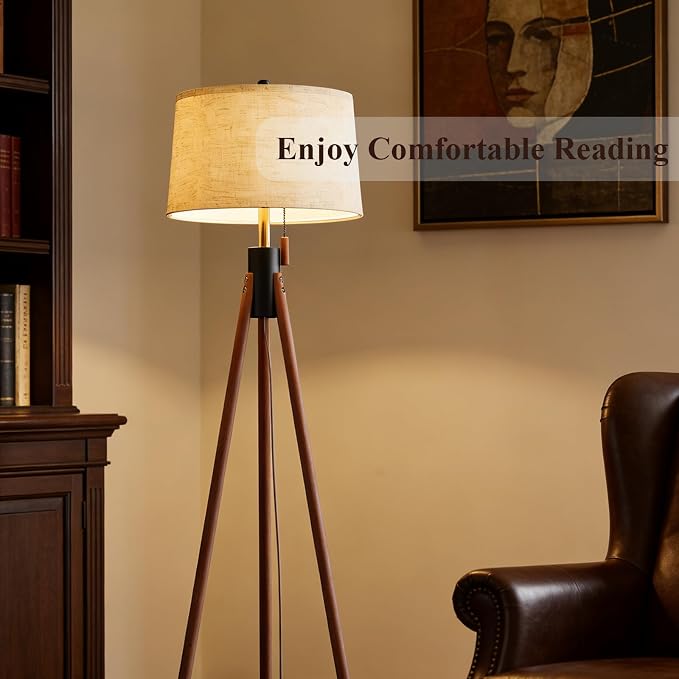 Mid Century Modern Tripod Floor Lamp, Gold Accented Two-Tone Solid Wood Floor Lamp with Black-Finished Solid Wood Center, Linen Shade & Pull Chain, Tall Lamp for Living Room Bedroom Reading Corner