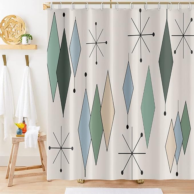 Mid Century Shower Curtain Modern Abstract Diamond Geometric Atomic Starburst Pattern for 1950s Retro Bathroom Decor Accessories Shower Curtain Set with 12 Hooks, 72x96 Inches