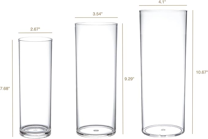KLIFA- Carlsbad- Set of 3 pcs, 7, 9 & 10 Inch Tall, Plastic Cylinder Vases for Centerpieces, Acrylic Flower Vase for Wedding Centerpieces, Home Decorations, Clear