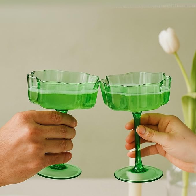 Flower Scalloped Vintage Wavy Petals Wave Glass Coupes 7oz Colorful Martini, Champagne & Cocktails, 2 Sage Green Set Amber Rippled Champagne Glasses, Elegant Bar Glassware, Aesthetic Coupe Glassware