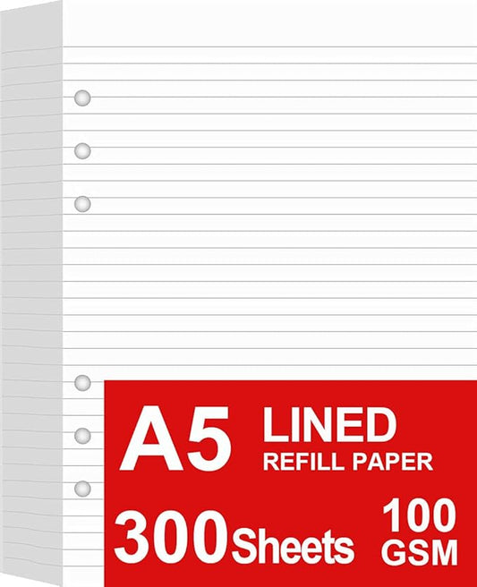 (3 Pack) A5 Lined Paper Refill, 300 Sheets/600 Pages Refill Paper for Large Leather Journal/Filofax Binders, 6 Holes Punched, 100gsm Ruled White Filler Paper, 5.8'' x 8.2''