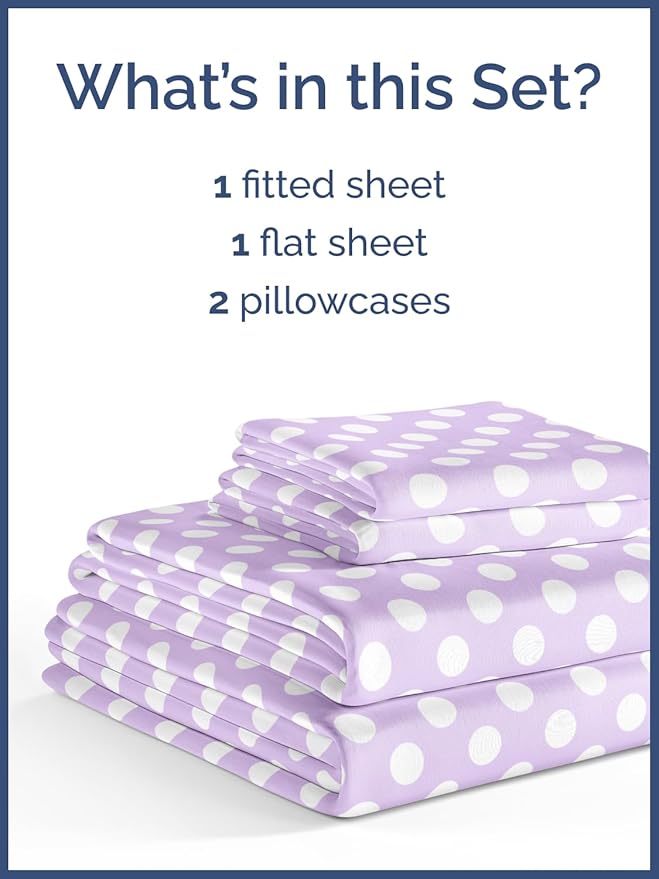 Kids Purple Dots Queen 4 Piece Sheet Set - Boys, Girls, Teens, Toddler - Easy Fit Deep Pockets - Breathable, Hotel Quality Sheets - Machine Washable - Wrinkle Free - Cute, Cozy, Soft - CGK Linens
