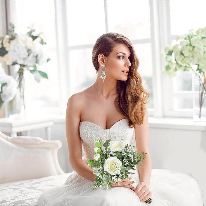 famibay Artificial Flowers 2 Pack White Artificial Roses with Stems Baby Breath for DIY Bouquets Wedding Centerpieces Party Table Decoration Home