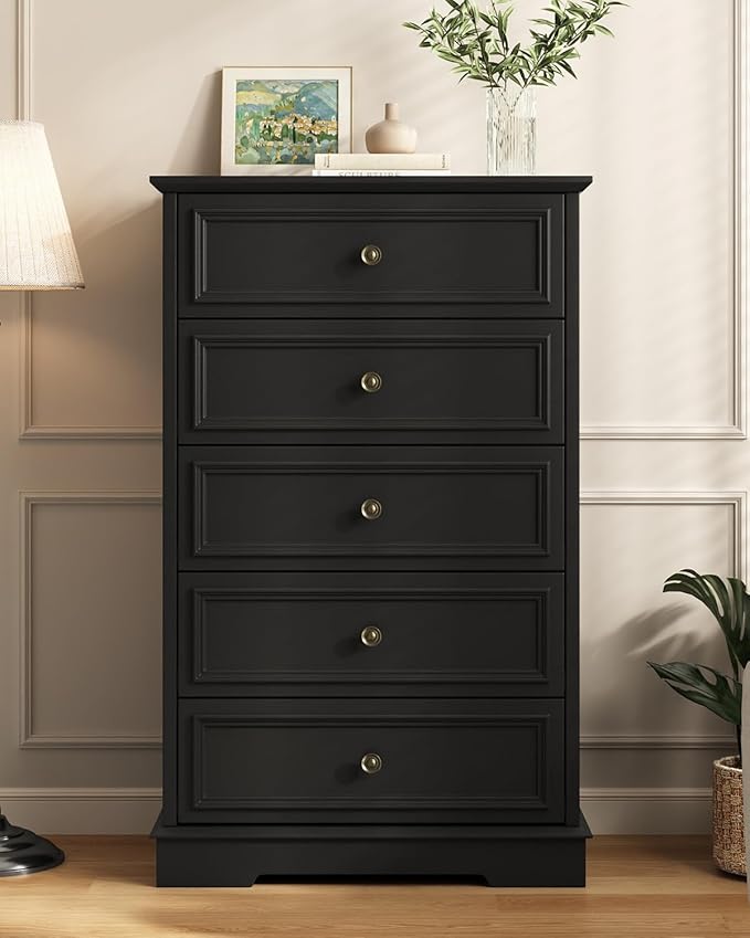 Black 5 Drawer Dresser for Bedroom, 44" Tall Dresser with Metal Handle, Modern Chest of Drawers for Closet Organizer, Farmhouse Wood Dressers for Bedroom, Living Room, Hallway