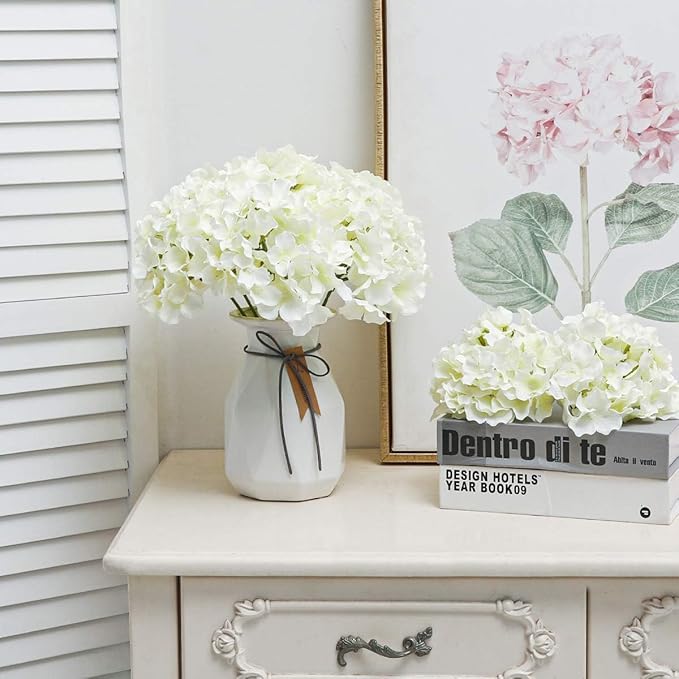 Fake White Hydrangea Artificial Flowers - Faux Silk Hydrangeas Flowers Heads with Stems Real Touch for Home Wedding Party Table Decor(CreamWhite,Pack of 10)
