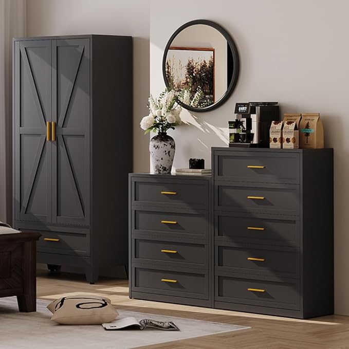 Black Metal Dresser with 5 Drawer，48" Tall Chest of Drawers with Wide Metal Handle,Drawer Organizer for Bedroom,Living Room,Hallway and Entryway