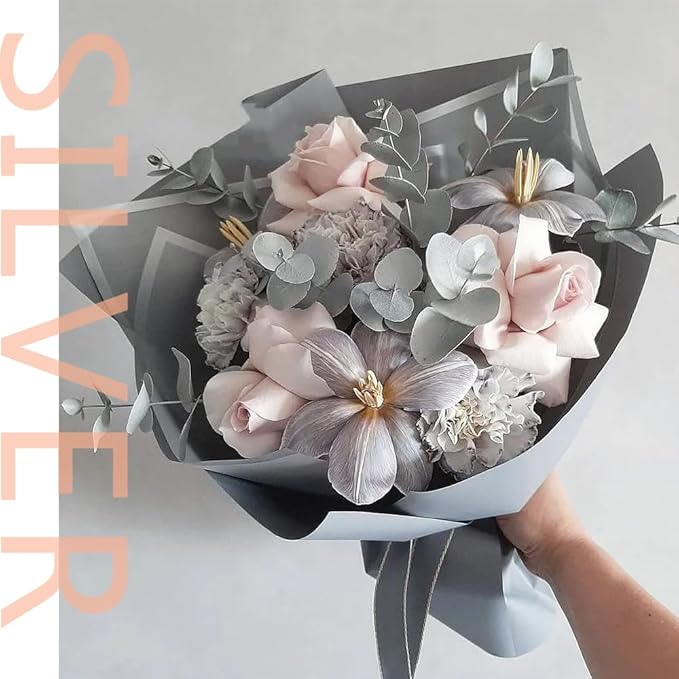 Silver Flower Wrapping Paper, Waterproof Floral Bouquet Wrapping Paper Florist Supplies, 20 Sheets
