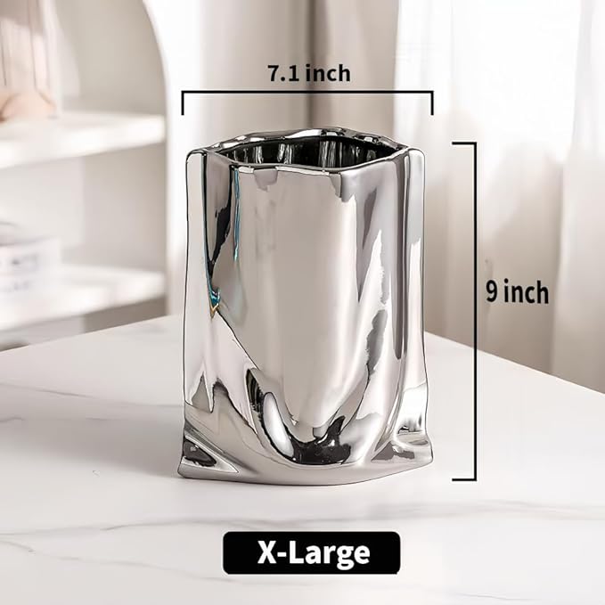 Ceramic Flower Vase, Crinkle Paper Bag Shape, Silver Metal, Modern Home Decor (X-Large)