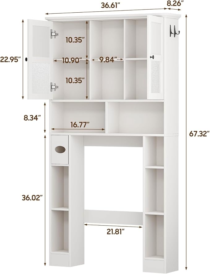 Over The Toilet Storage Cabinet, Bathroom Shelf Over Toilet with Hammered Grain Glass Doors and Adjustable Shelves, Freestanding Home Space Save Toilet Rack for Restroom, Bathroom, Laundry (White)