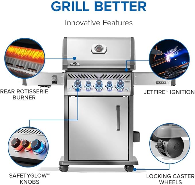 Napoleon Rogue PRO-S 425 Propane Gas Grill with Infrared Side and Rear Burners, Stainless Steel, Durable 5-Burner Grilling Experience