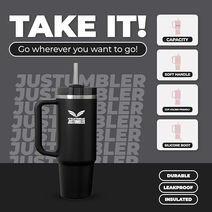 40 Oz Insulated Tumbler with Handle and Straw, Stainless Steel Coffee Travel Mug with Lid, Leak Proof Water Bottle with Accessories, Black