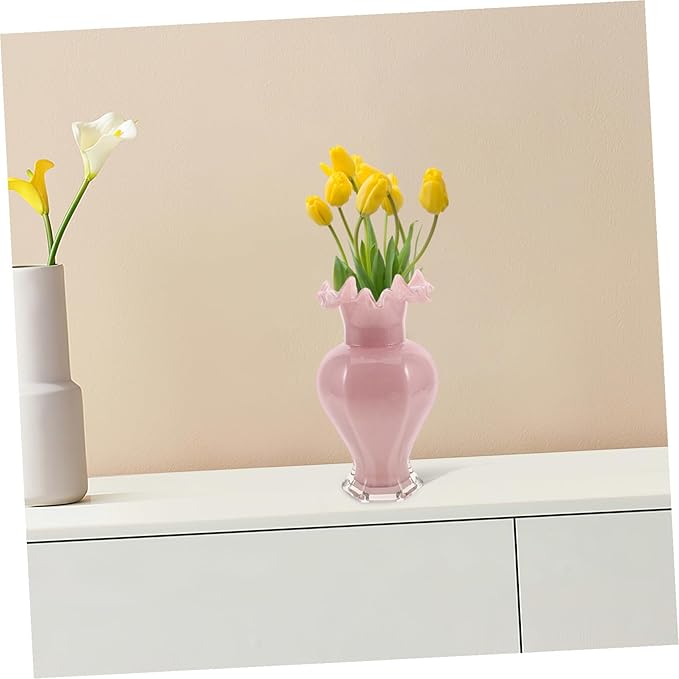 Pearlescent Pink Handblown Glass Vase with Artistic Curved Rim Unique Decorative Flower Display for Home Decor Living Centerpiece Wedding Table Accent