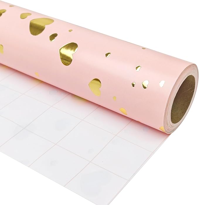 LDGOOAEL Mini Short Wrapping Paper Roll - Reversible Design (17 inches X 32.8 feet) - Gold Foil Hearts on Pink for Valentine's Day