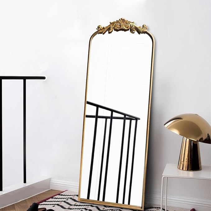 OUSHUAI Large Gold Antique Mirror, Tall Arched Floor Mirror,Ornate Design Vintage Wall Mirror Decor for Entryway,Hallway,Living Room,Fireplace 18"X53"