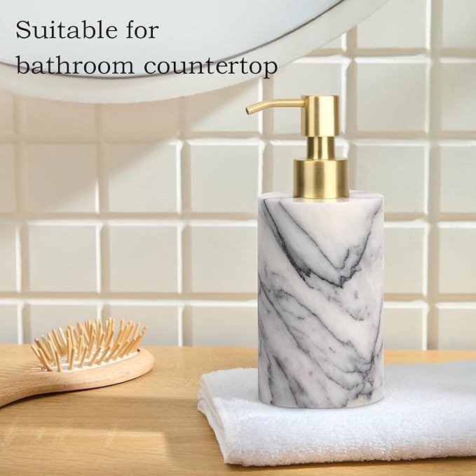 Natural Marble Soap Dispenser for Bathroom and Kitchen Countertop - 5.41 Ounces Hand Lotion and Liquid Stone Shampoo Laundry Bottle with Pump (1, Lilac, Cylindrical Bottle)