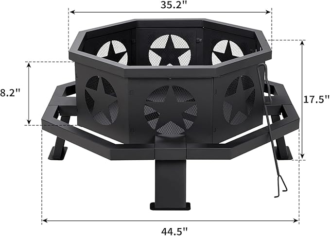 ZIENLIFE 45 Inch Fire Pit for Outside Wood Burning, Outdoor Octagonal Fire Pit with Poker, Large Firepit for Camping, Backyard, Patio, Black