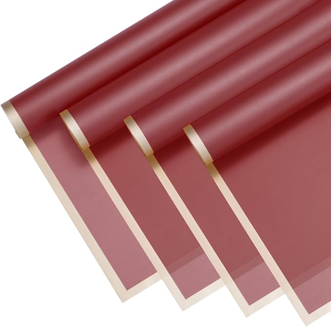 M METERXITY 20 Sheets Flower Wrapping Paper Bouquet, 23 Inch Wine Red Gold Edge BOPP Waterproof Floral Wrapping Paper Flower Packaging DIY for Wedding/Party/Birthday/Gift Bouquet Wrap Paper