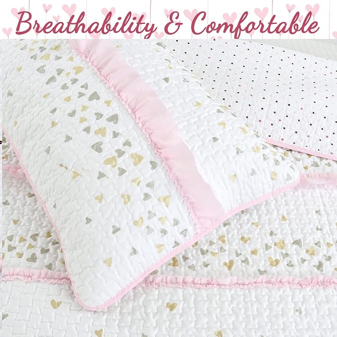 Cozy Line Home Fashions Pink Ruffle Metallic Printed Hearts Girl Cotton Reversible Quilt Bedding Set, Coverlet, Bedspreads (Sparkling Hearts, Queen - 3 Piece: 1 Quilt + 2 Shams)