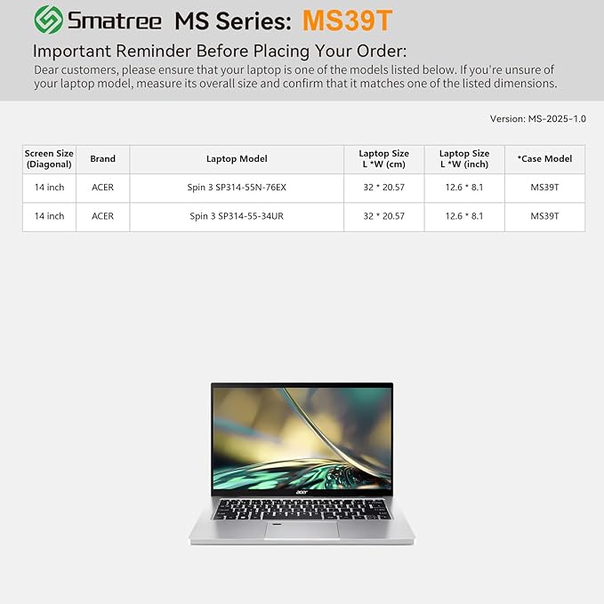 Smatree MS39T Hard EVA Protective Sleeve Case with Stand Compatible for 14 inch Acer Spin 3 Laptop-SP314-55-34UR, for 14 inch Acer Spin 3 SP314-55N-76EX 2 in 1 Laptop Notebook Bag