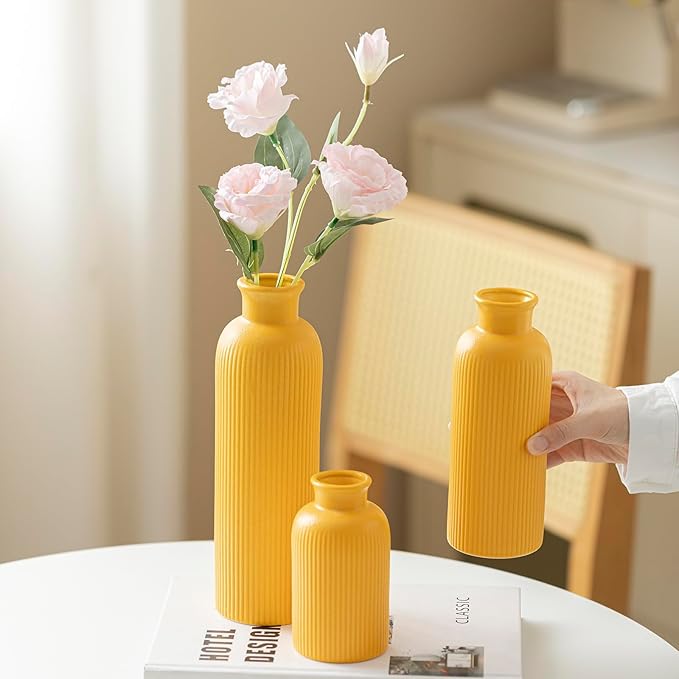 Modern Ceramic Vase Set, Yellow Ribbed Matte Design, 3-Piece Decorative Vases for Home, Living Room, Office (Yellow)