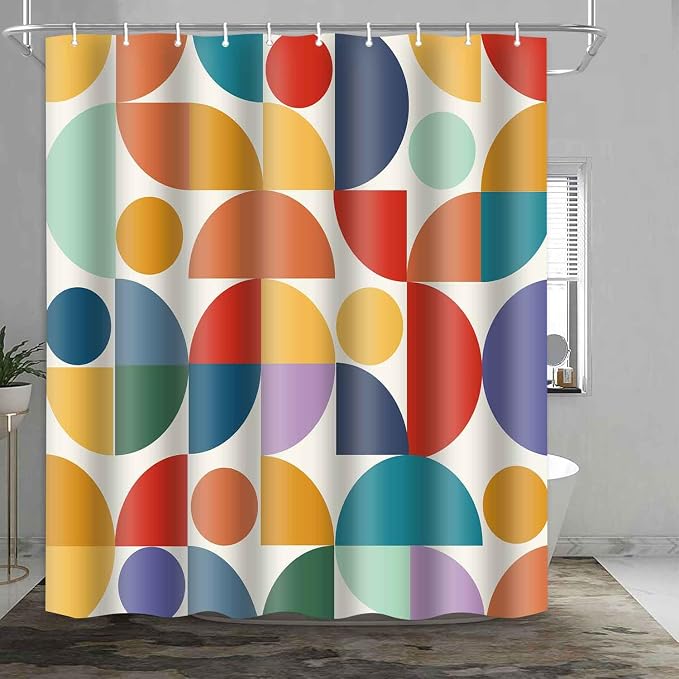 Vintage Colorful Rainbow Mid Century Shower Curtain Modern Abstract Geometric Art Bathroom Curtain Decor 60x72 Inch Washable Fabric Bright Retro Boho Circle Patterned Bath Curtain with 10 Hooks