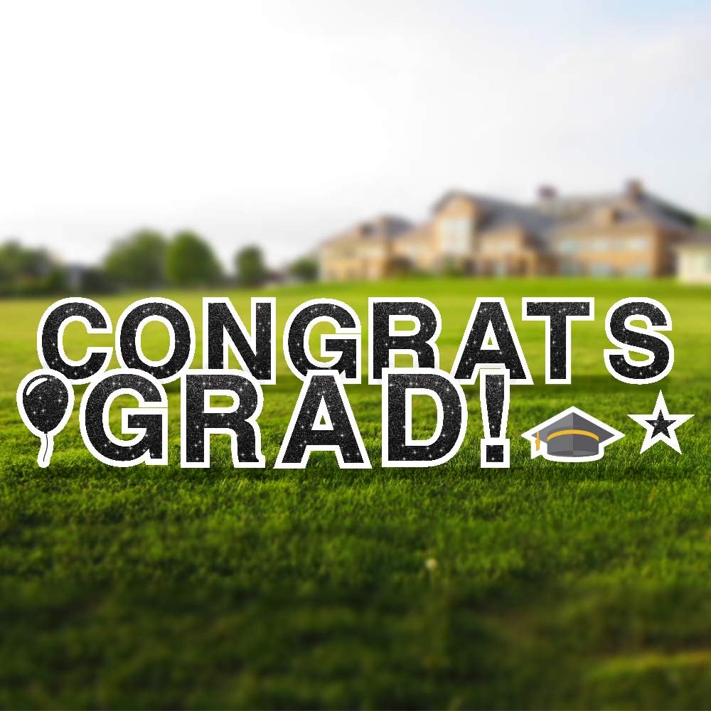 Vispronet Congrats Grad Yard Sign - 18-Inch Tall Weather-Resistant Graduation Decoration | Faux Glitter Black