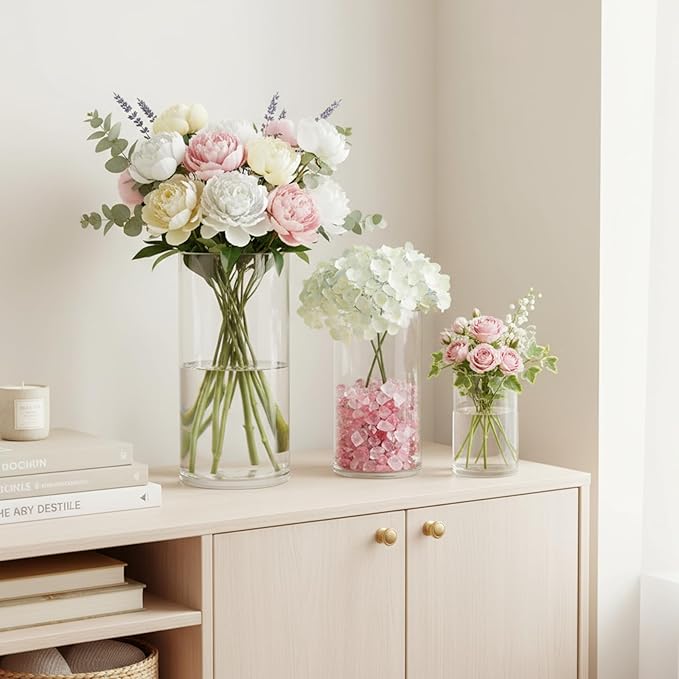 12 Pack Cylinder Vases for Centerpieces 4, 6, 8 Inch Tall Acrylic Cylinder Clear Flower Vase Set Home Decor Centerpiece Table Clear Flower Vase Decorations for Table Shelf, Party, Wedding