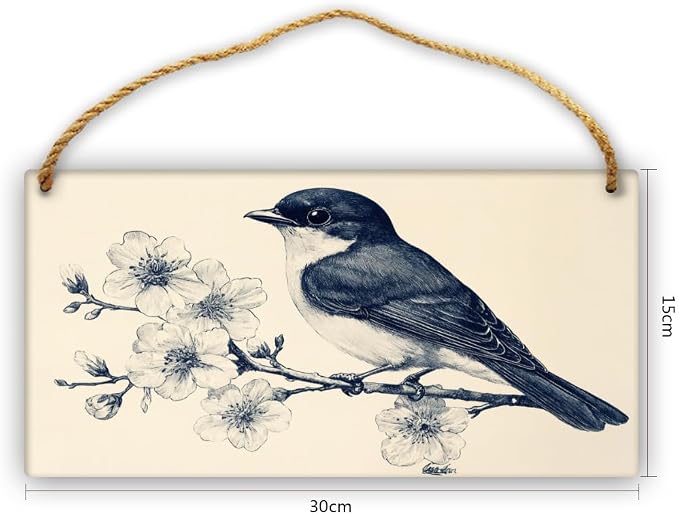 Monochrome Bird Wooden Sign 12x6 Inch - Realistic Decor for Bird Lovers & Traditional Home Designers, Perfect for Nature-Eccentric Rooms & Retro Themed Spaces