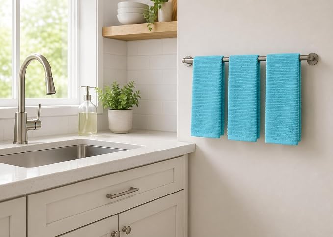 Serafina Home Aqua Light Blue Kitchen Dish Towels: (18" x 28", 3 Pack) 100% Cotton Cloth Soft Cleaning Drying Absorbent Ribbed Terry Loop, Multipurpose (Aqua Blue)