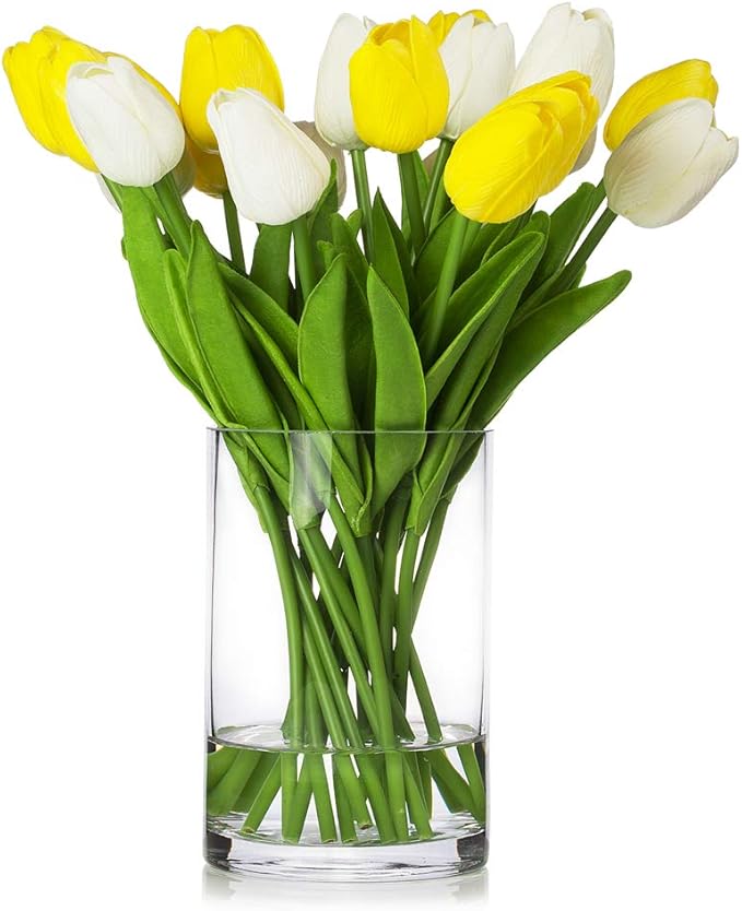 ENOVA HOME 20 Pieces Artificial Real Touch Tulips Flower Arrangement in Glass Vase with Faux Water for Home Decoration (White Yellow)