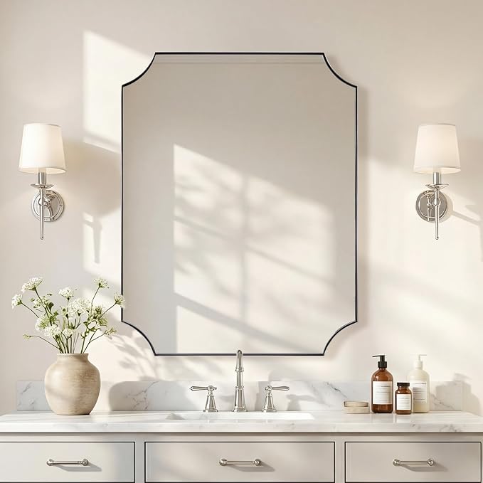 ANDY STAR 28x36 Inch Chrome Bathroom Mirror, Scalloped Mirror for Bathroom, Polished Chrome Mirror in Anti-Rust Stainless Steel Metal Thin Frame Deep 1", Hangs Vertically or Horizontally