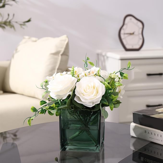 Square Glass Vases Set of 9, 4"x 4"x 4" Flower Vases for Centerpieces, Green Glass Vase for Flowers, Small Vase for Wedding, Party, Home Office Decoration