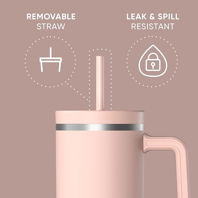 Hydrapeak Voyager 40 Oz Stainless Steel Tumbler with Handle, Insulated Water Bottle With Straw & Lid, Cupholder Friendly Reusable Travel Mug (Peony)