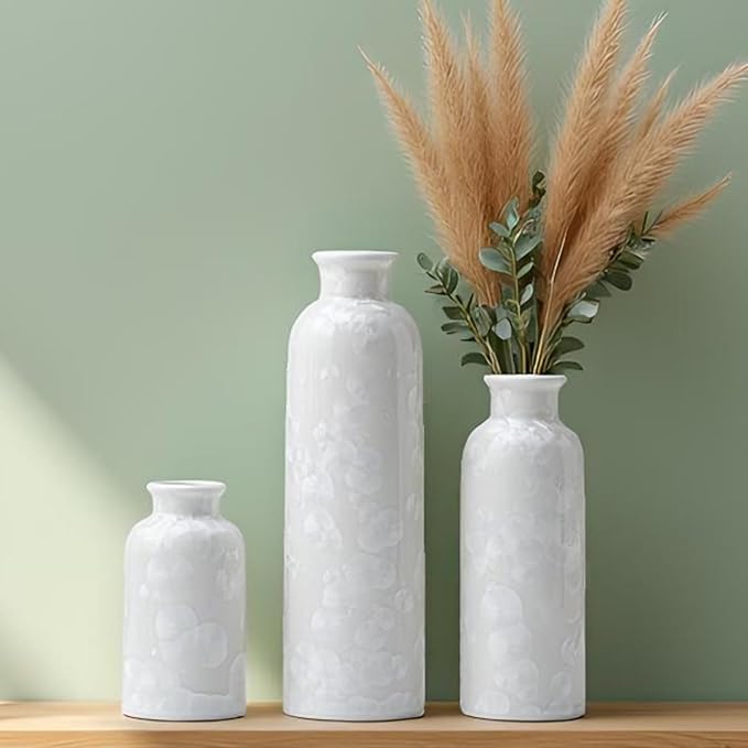 Modern Ceramic Vase Set of 3, White Crystalline Glaze Colors, Decorative Bottles for Home, Farmhouse Rustic Decor Housewarming Gifts, Wedding Gifts, Birthday Gifts for Women(Crystalline Glaze White)