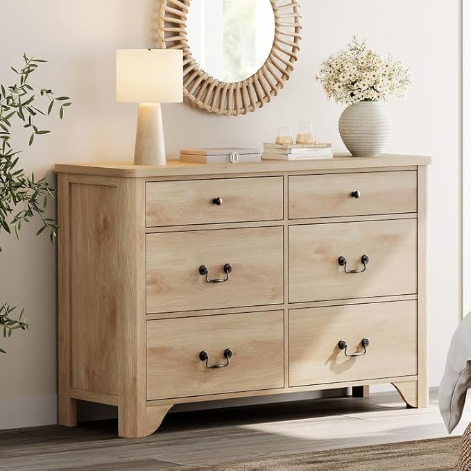 WAMPAT 6 Drawer Dresser for Bedroom, 47.2" W Farmhouse Dresser with Large Storage Drawers and Metal Handle, Modern Chest of Drawers with Solid Wood Legs, Wood Dressers for Bedroom,Closet,Hallway,Oak