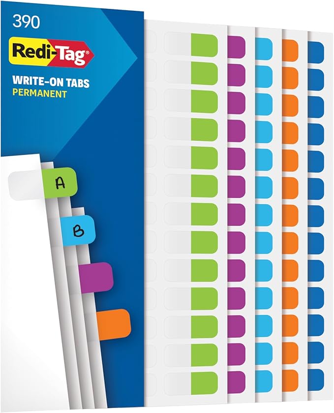 Redi-Tag Write-On Tabs, Permanent Adhesive Index Tabs, Tropical Colors: Purple, Green, Blue, Dark Blue, Orange, 1" x 7/16", 390 Pack (1009305)